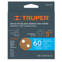 Cargar imagen en el visor de la galería, Discos de lija roto orbital 5', grano 60, 8 orificios, 5pzas