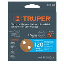 Cargar imagen en el visor de la galería, Discos de lija roto orbital 5',grano 120, 8 orificios, 5pzas