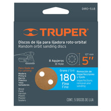 Cargar imagen en el visor de la galería, Discos de lija roto orbital 5',grano 180, 8 orificios, 5pzas