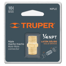 Cargar imagen en el visor de la galería, Niple de latón, tipo FF, cuerda 1/4 NPT