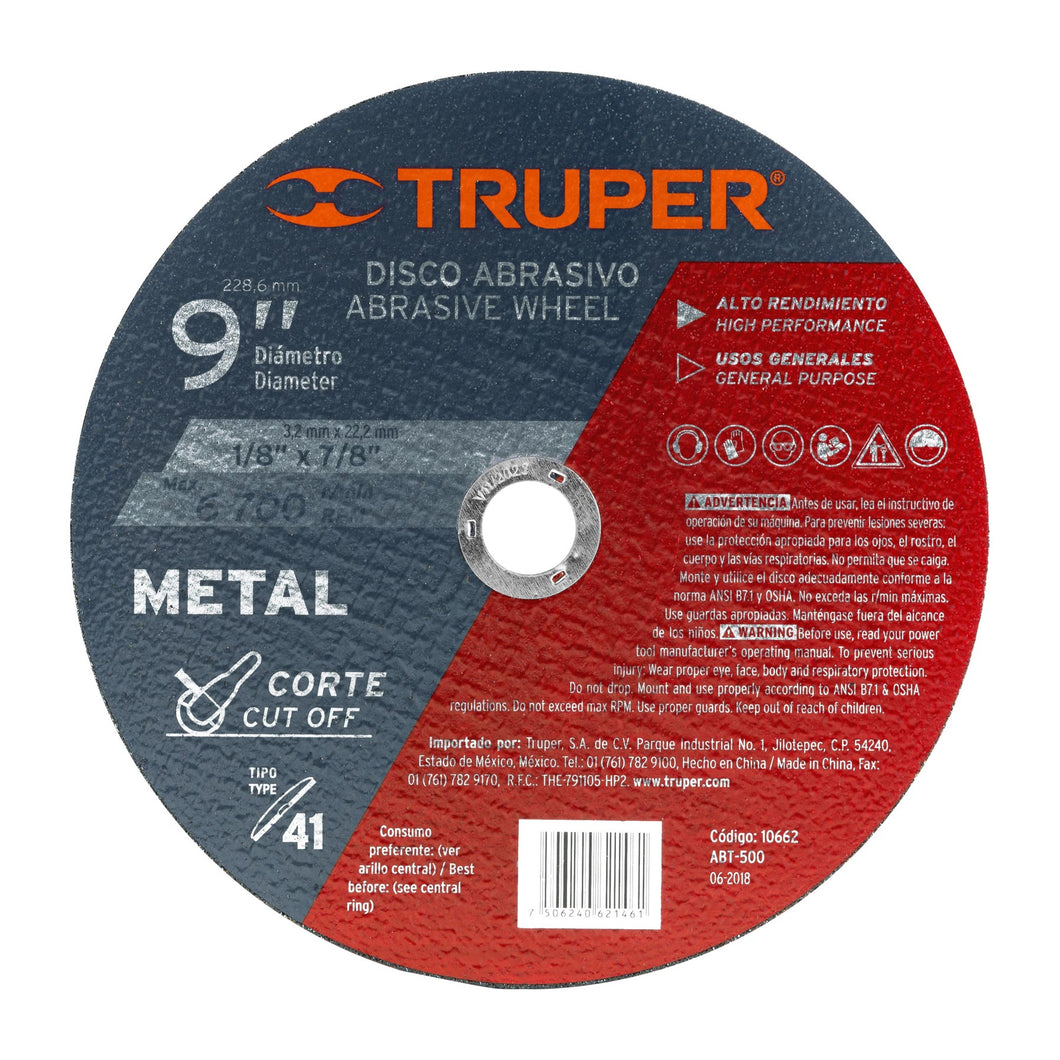 Disco para corte de metal, tipo 41, diámetro 9'