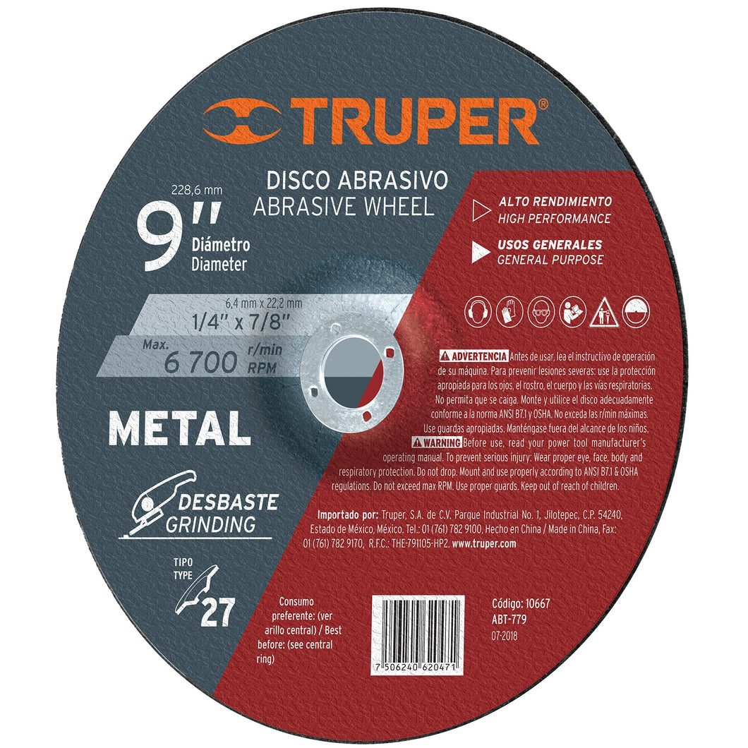 Disco para desbaste de metal, tipo 27, diámetro 9'