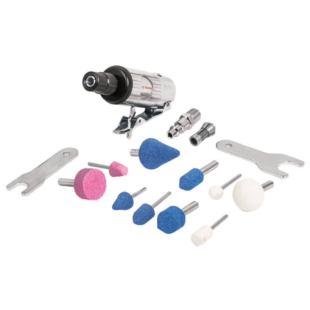 Miniesmeriladora neumática, 1/4', kit 16 piezas