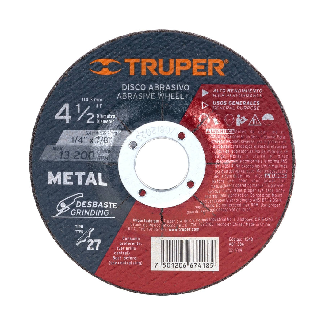 Disco desbaste metal,tipo27,diámetro 4-1/2',alto rendimiento