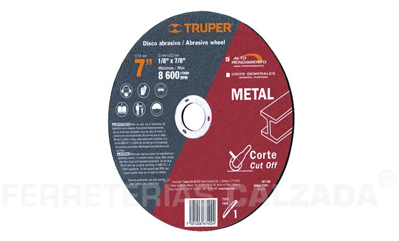 Disco para corte de metal, tipo 41, diámetro 7'