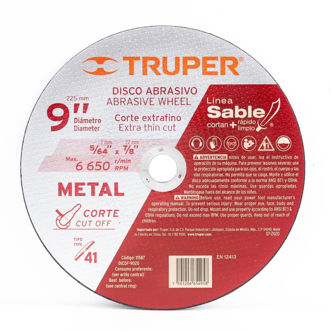 Disco Tipo 41 para corte fino de metal Línea Sable 9', 2mm