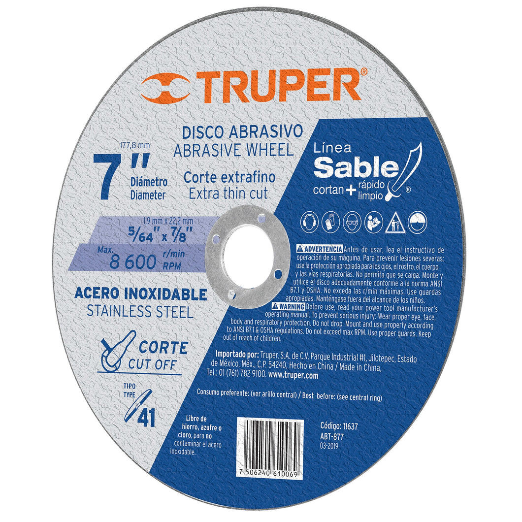 Disco para corte de acero inoxidable, tipo 41, diámetro 7'