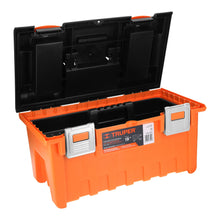Cargar imagen en el visor de la galería, Caja plástica 19&#39; c/compartimentos, naranja, broche metálico
