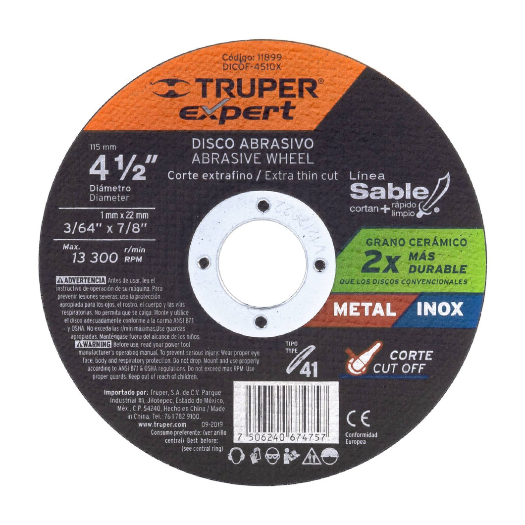 Disco tipo 41, corte metal, Línea Sable 4-1/2',1mm, Expert