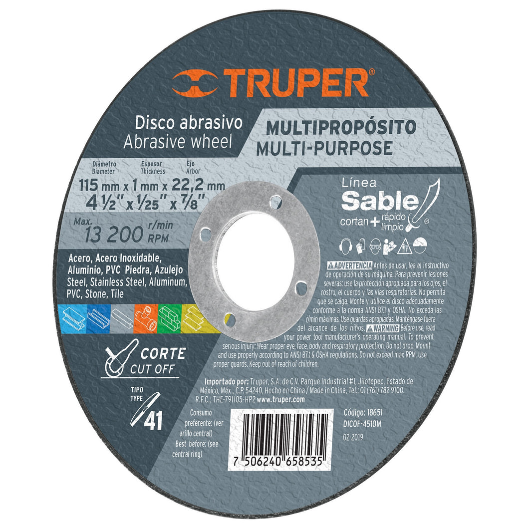 Disco Tipo 41 para corte multipropósito Línea Sable 4-1/2'