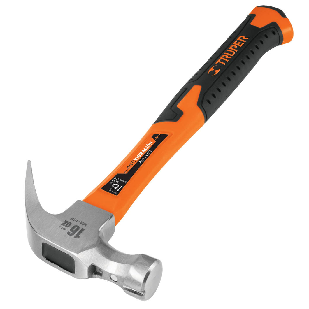 Martillo pulido, uña curva 16 oz, mango de fibra de vidrio