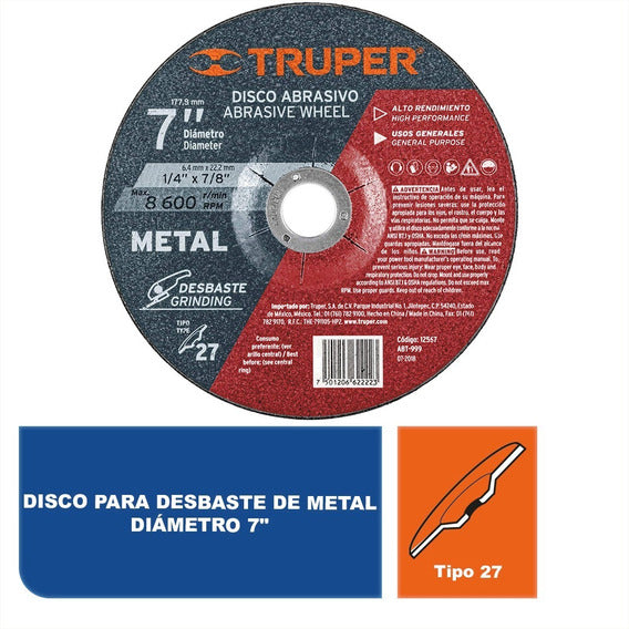 Disco desbaste metal, tipo27,diámetro 9',alto rendimiento