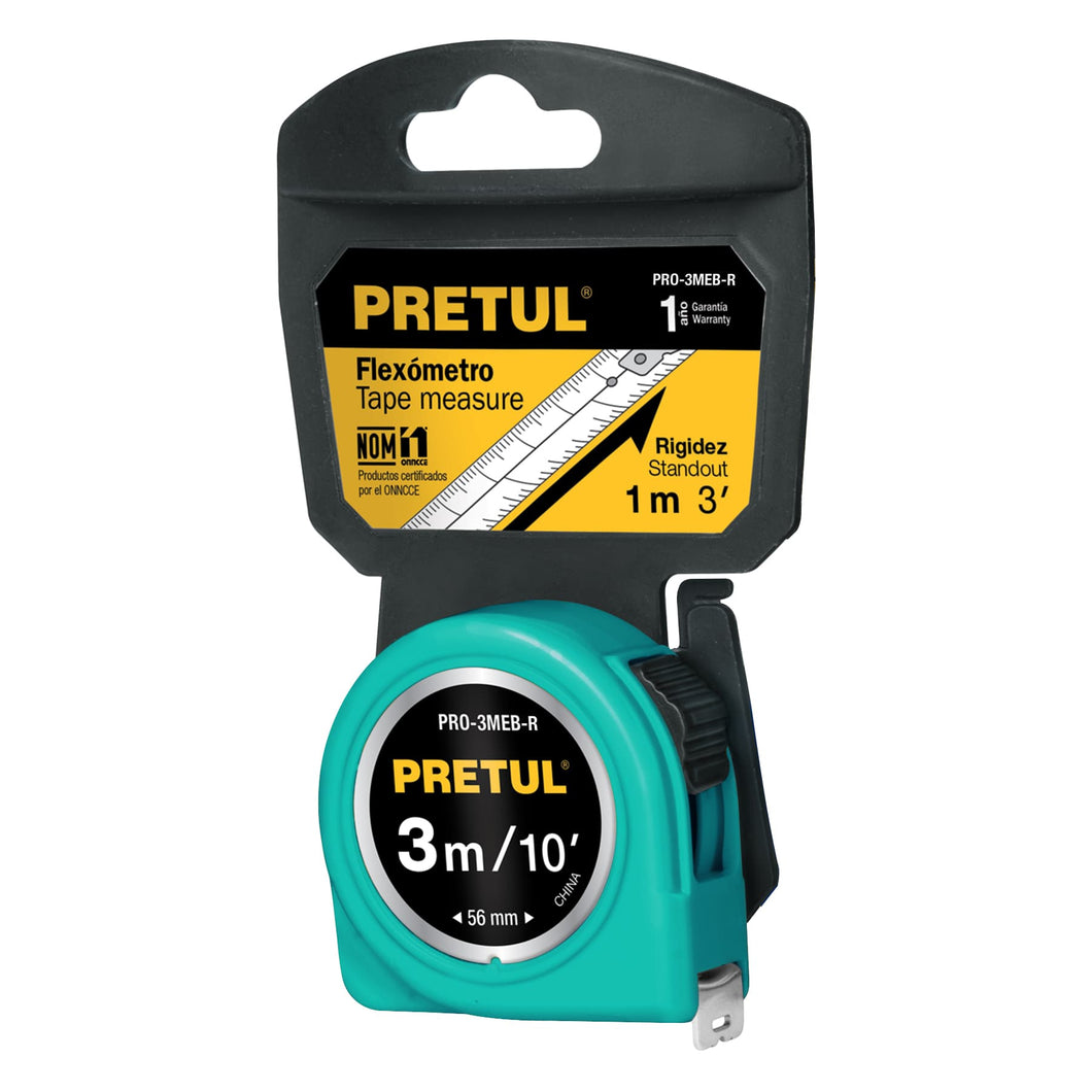 Flexómetro, rojo, 3 m, cinta 13 mm, Pretul, tarjeta plástica