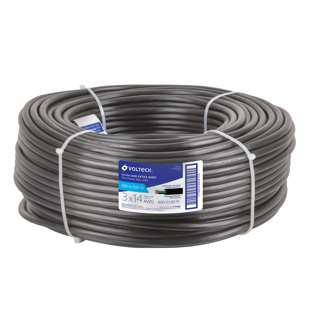 Cable uso rudo, 3 conductores, calibre 14, rollo de 100 m.