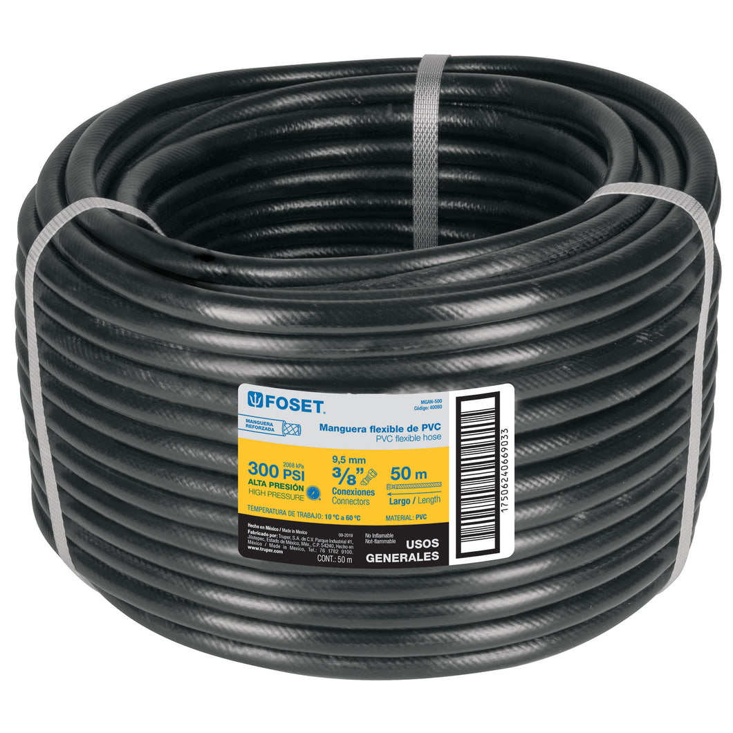 Manguera flexible negra, PVC, 3/8', 300 PSI,sin conexión,50m