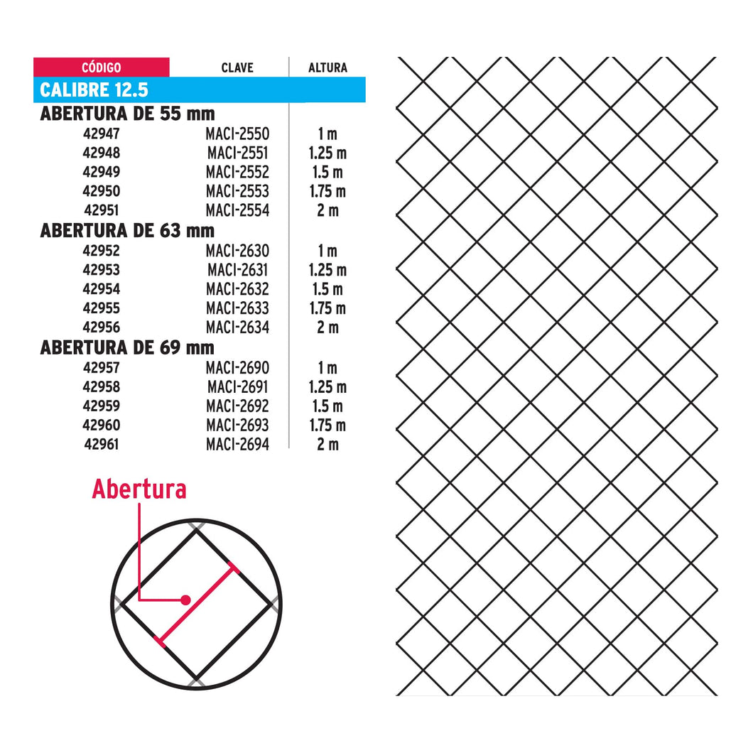 Malla ciclónica, calibre 12.5, abertura 63 x 63, 1 x 20 m