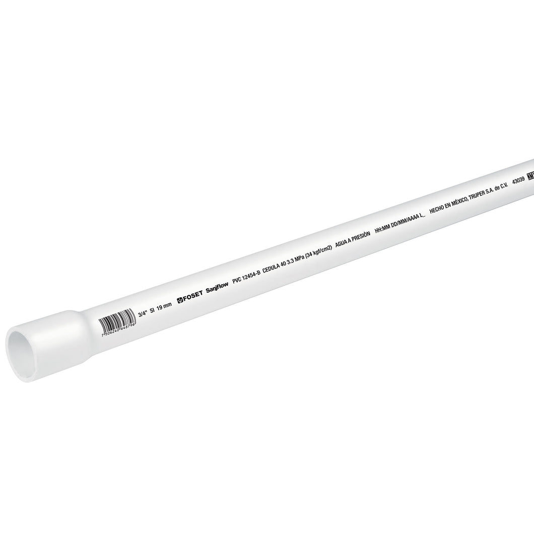 Tubo de PVC hidráulico cédula 40, 3/4', tramo 3m