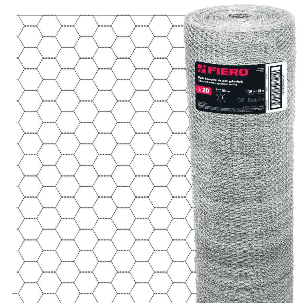 Malla de acero galvanizado, hexagonal, 50 mm x 1.50 m