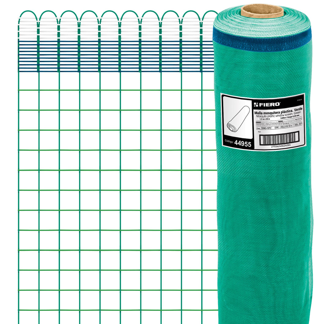 Malla mosquitera plástica, 1.50 x 30 m, verde