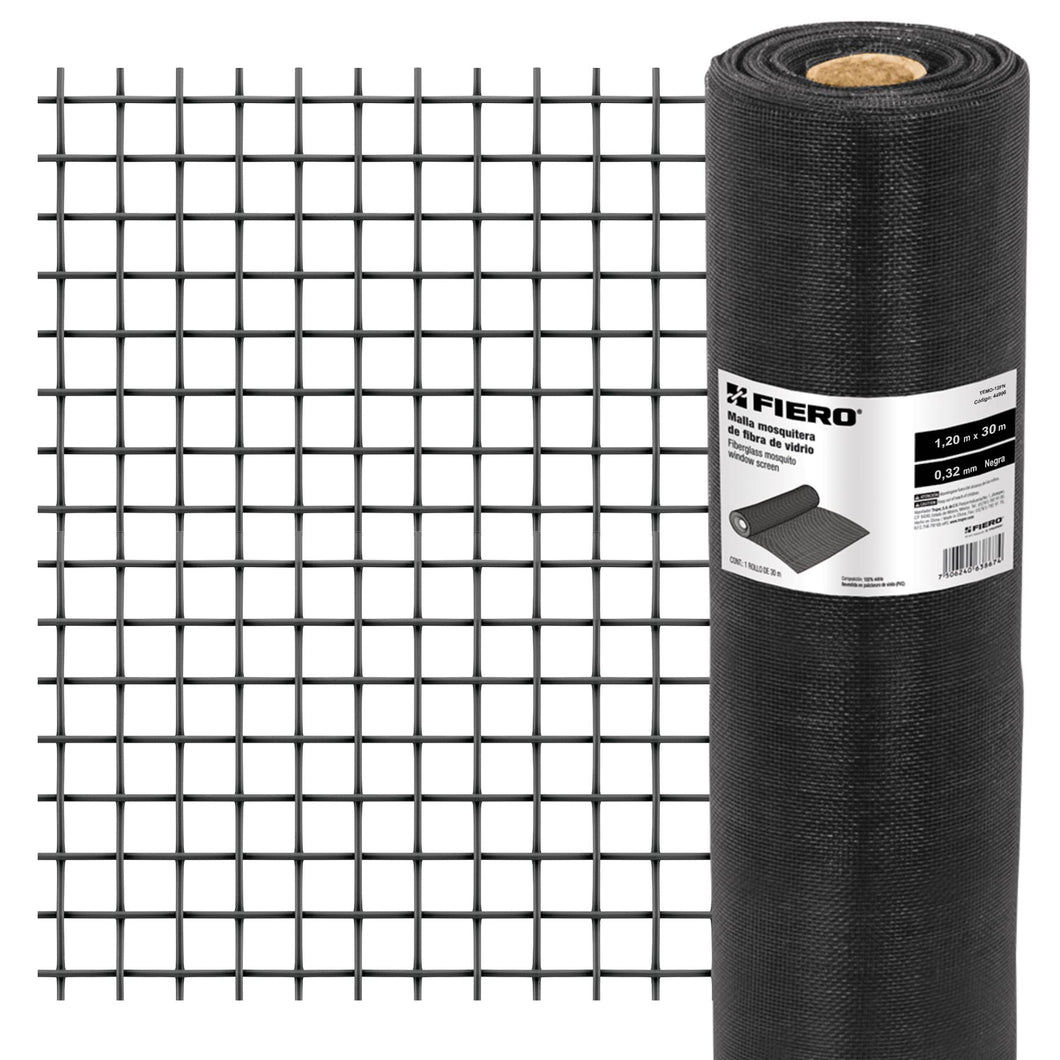 Malla mosquitera, fibra de vidrio, negra, 1.20 x 30 m