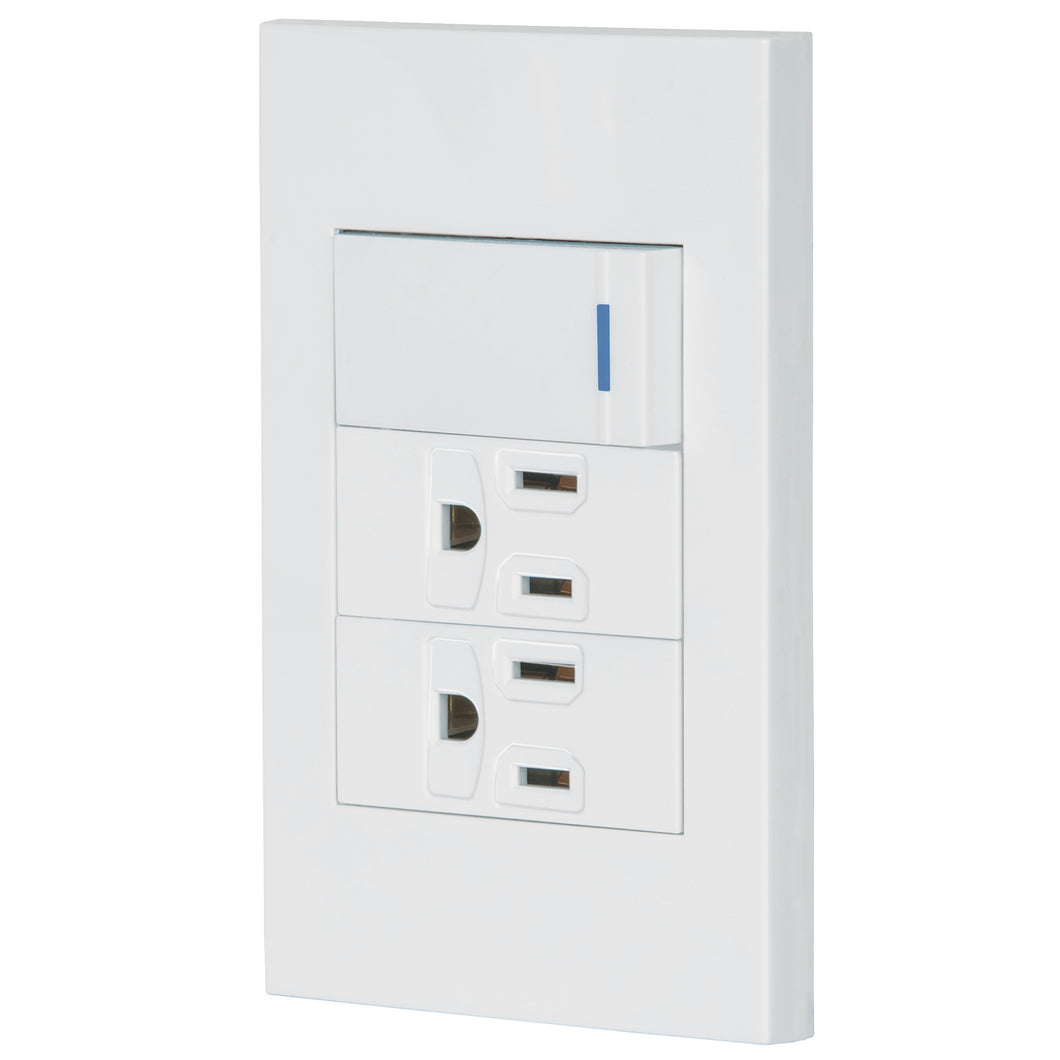 Placa armada 1 interruptor, 2 contactos,1mod,Española,blanco