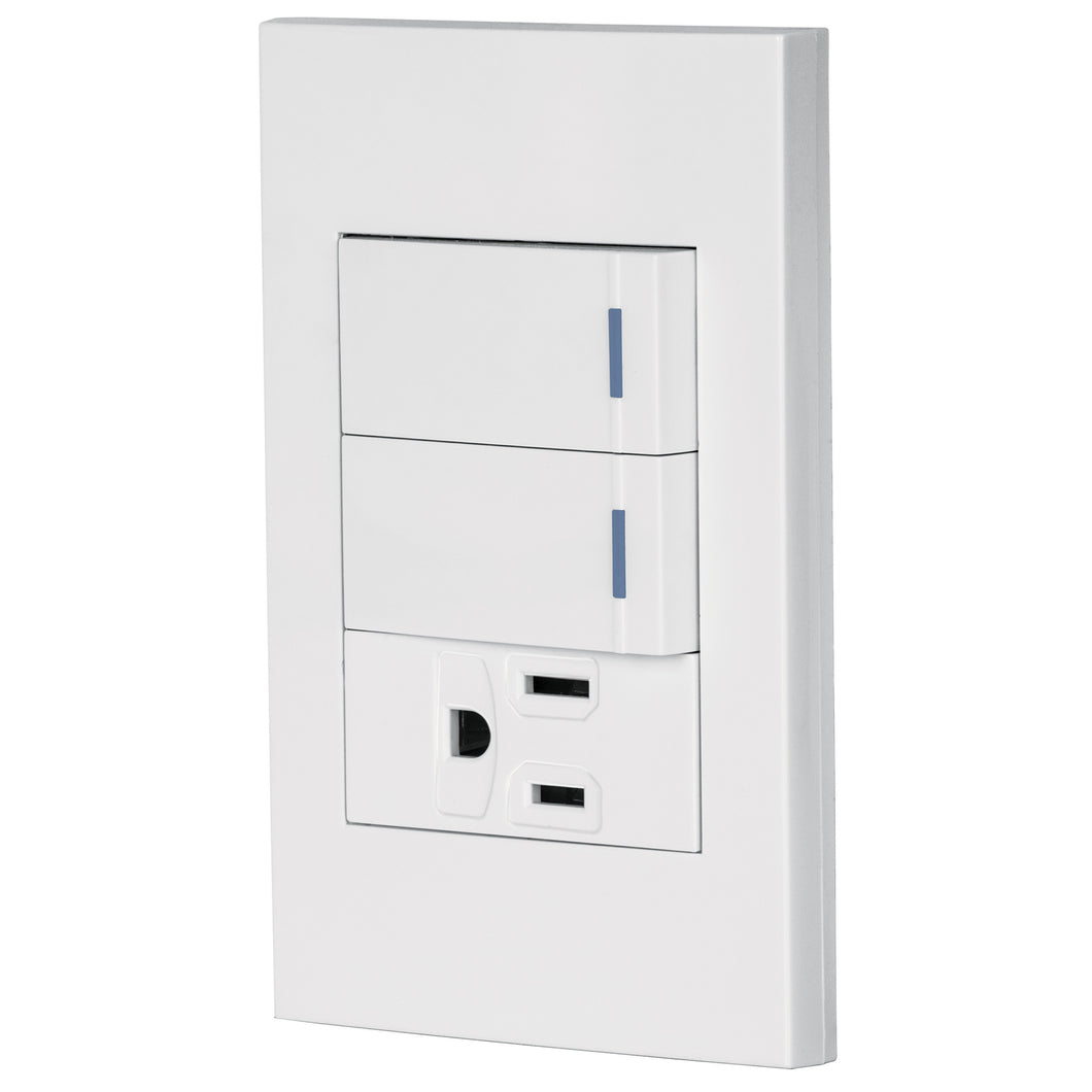 Placa armada 2 interruptores,1 contacto,1mod,Española,blanco