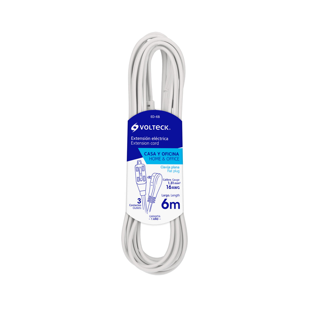 Extensión eléctrica doméstica, 6 m, blanca, Volteck