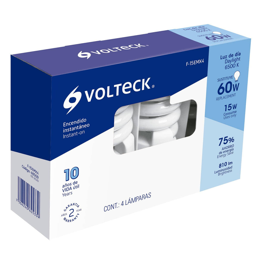 Lámpara 15 W, espiral mini, luz día, T2, en blister 4 piezas