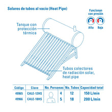 Cargar imagen en el visor de la galería, Calentador Solar Heat Pipe, 150L, 12 tubos, 4 personas
