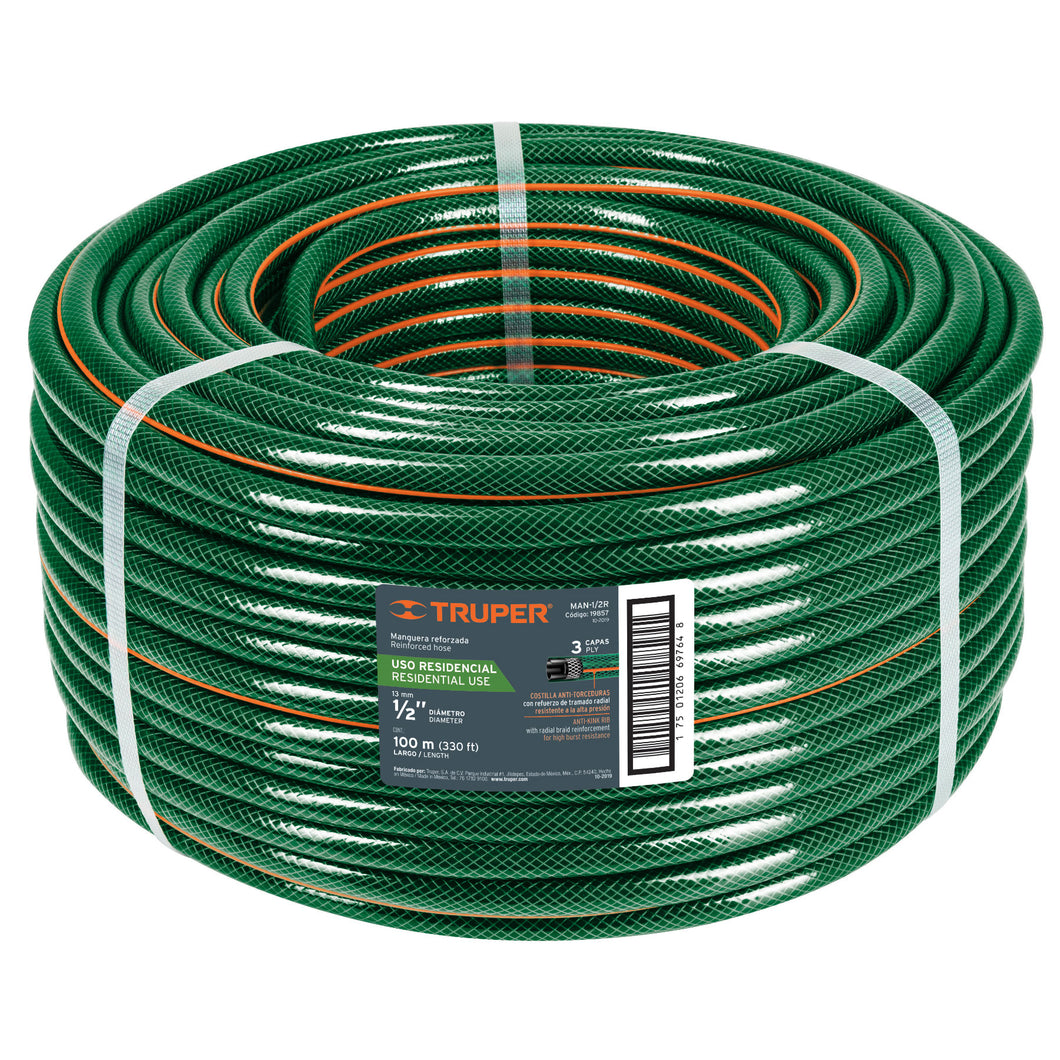 Manguera 1/2', reforzada, 3 capas, 100 m