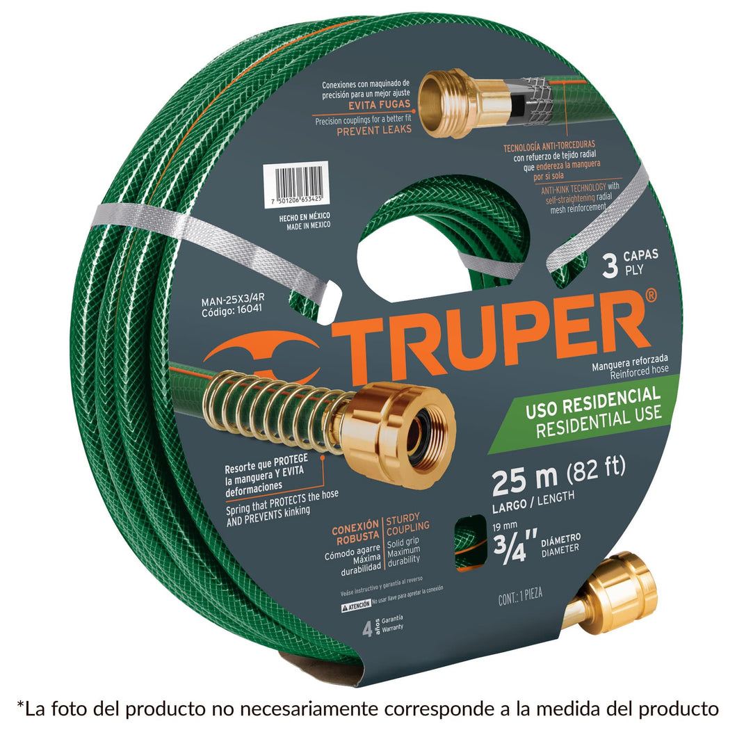 Manguera 1/2', reforzada 3 capas, conexiones de metal, 15 m