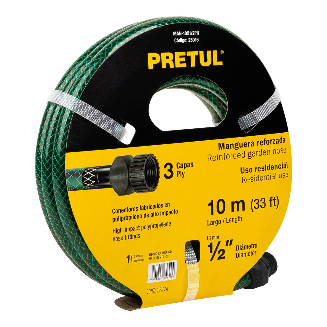 Manguera 1/2', reforzada 3 capas, 10 m, Pretul
